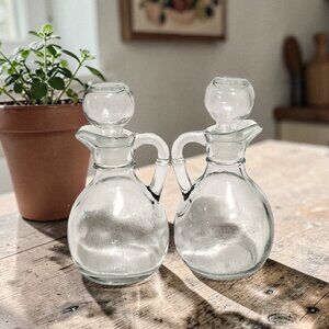 RARE Pair Vintage Old Glass Heavy Cruets with Stoppers Engraved Mexico